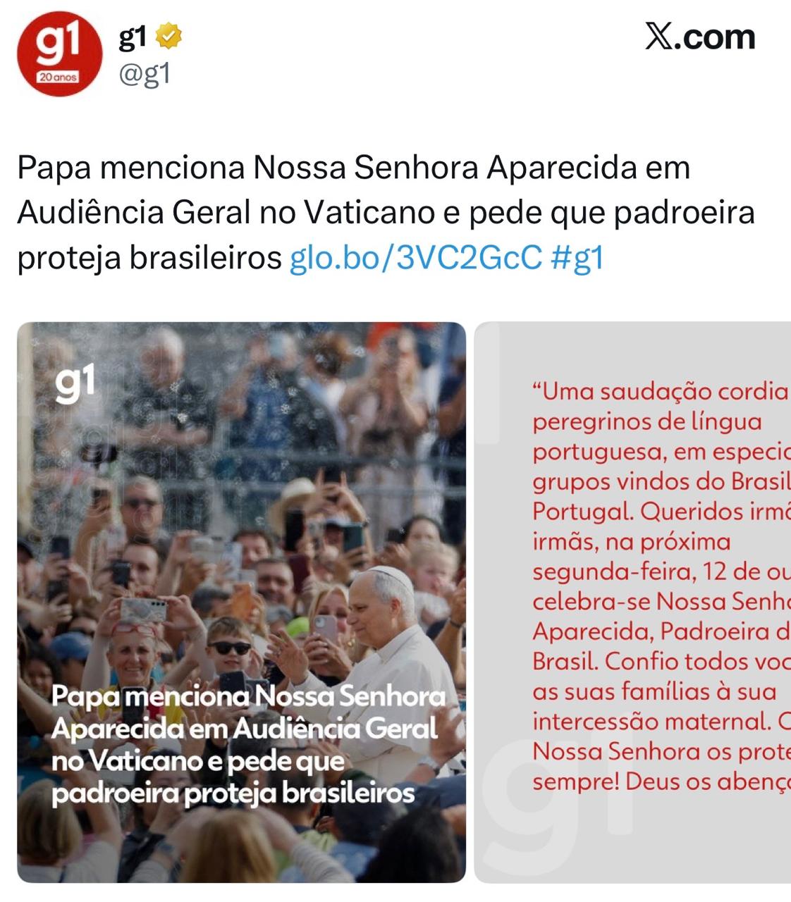 Prévia do conteúdo "Papa pede que Nossa Senhora Aparecida proteja os brasileiros"
